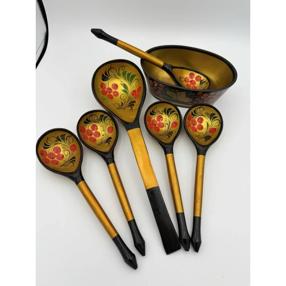 Vintage Russian Wooden‎ Khokhloma Spoons and bowl,  Hand-Painted, Lacquer Set